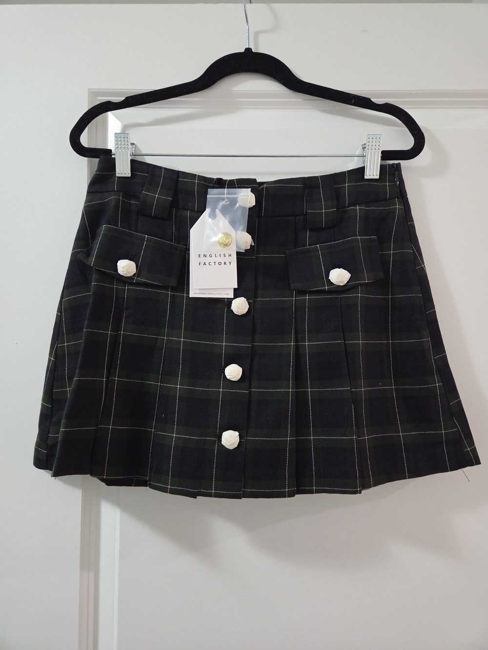 English Factory Madeline Check Dark Green Plaid Button-Front Mini Skort